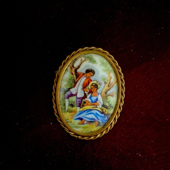 Limoges Jewelry - Vintage Limoges Oval Brooch with Pastoral Scene